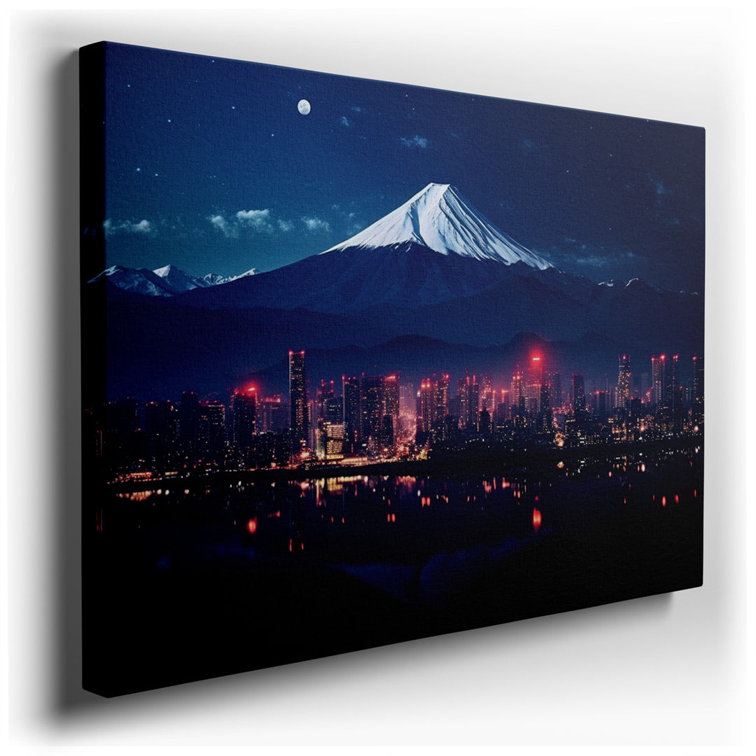 canvas print on wrapped canvas for wall decor – This wall art, a stunning portrayal of Mount Fuji under the cover of night, offers a captivating blend of natural grande...