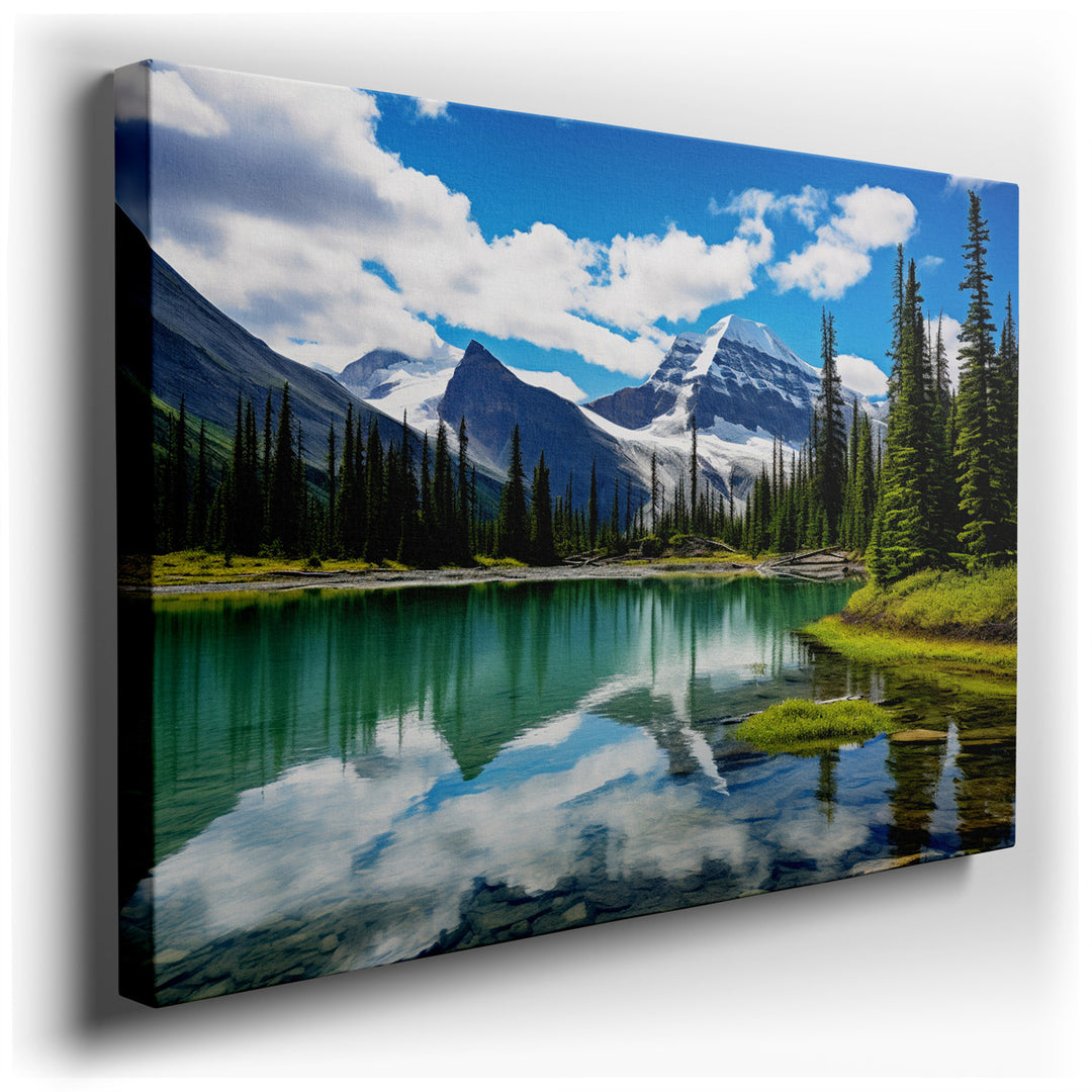 canvas print on wrapped canvas for wall decor – This exquisite wall art captures a breathtaking mountain landscape, where towering peaks rise majestically, their grande...