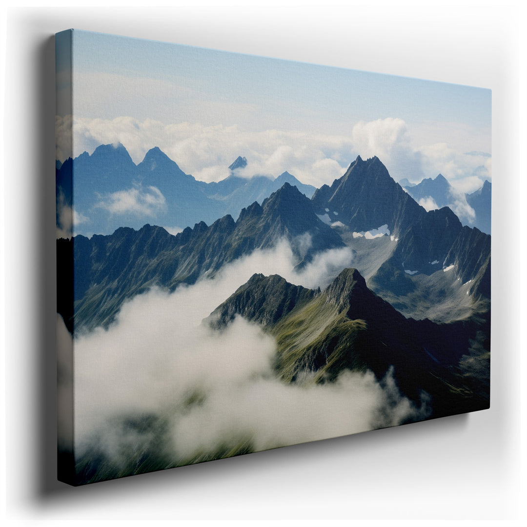 canvas print on wrapped canvas for wall decor – This breathtaking wall art offers a panoramic depiction of a dramatic mountain landscape, where the rugged peaks ascend...