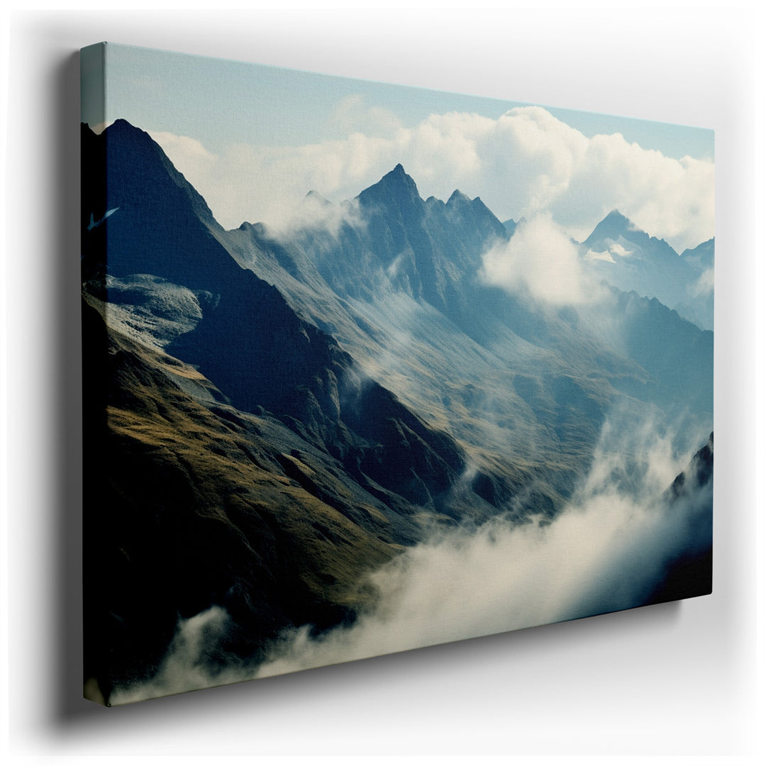 canvas print on wrapped canvas for wall decor – This exquisite wall art captures the majestic essence of a mountain range, where rugged peaks rise boldly into a sky sof...