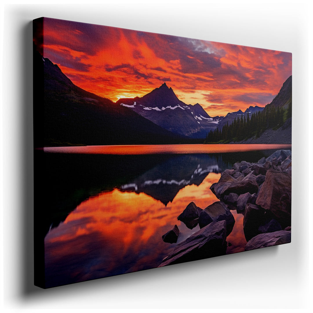 canvas print on wrapped canvas for wall decor – This exquisite wall art portrays a breathtaking mountain landscape at the break of dawn, where the majestic peaks are mi...