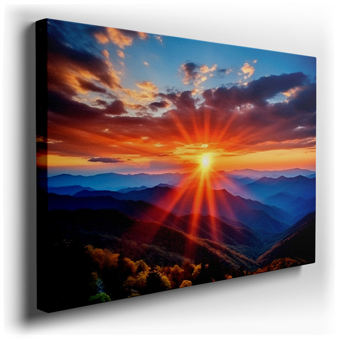 canvas print on wrapped canvas for wall decor – This exquisite wall art masterfully captures the essence of a breathtaking sunrise over a majestic mountain range. The s...