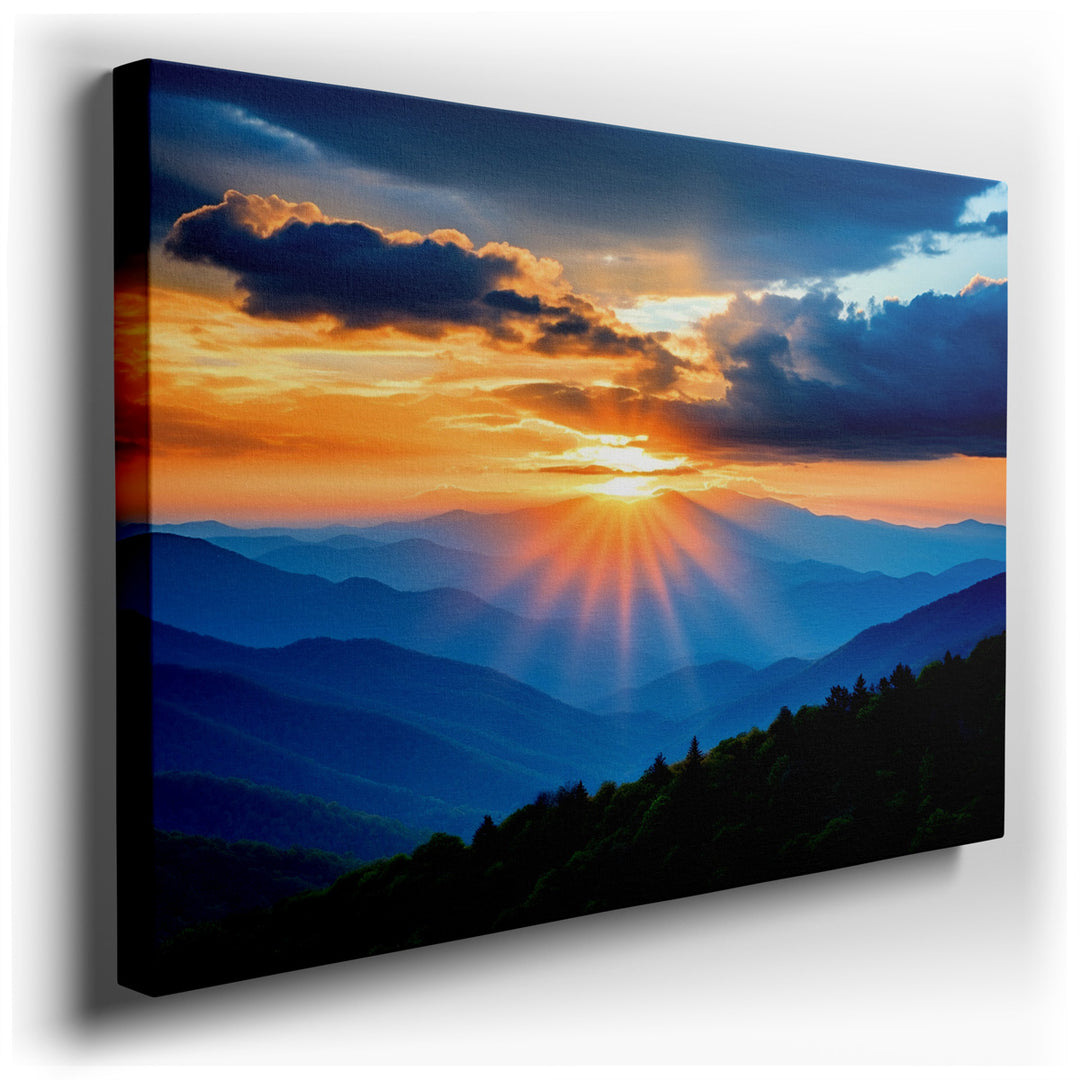 canvas print on wrapped canvas for wall decor – This wall art, a masterful depiction of a sunrise over a majestic mountain range, is an exquisite addition to any room s...