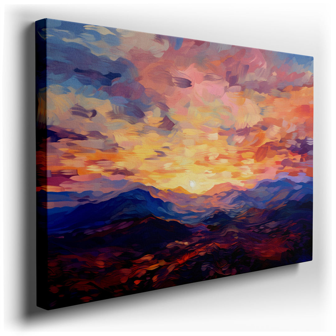 canvas print on wrapped canvas for wall decor – This abstract landscape wall art captures the ethereal beauty of a sunset descending over a range of majestic mountains,...