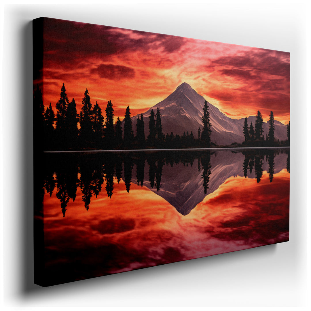 canvas print on wrapped canvas for wall decor – This wall art is a breathtaking portrayal of nature's serene yet dynamic beauty, capturing a majestic mountain mirrored...