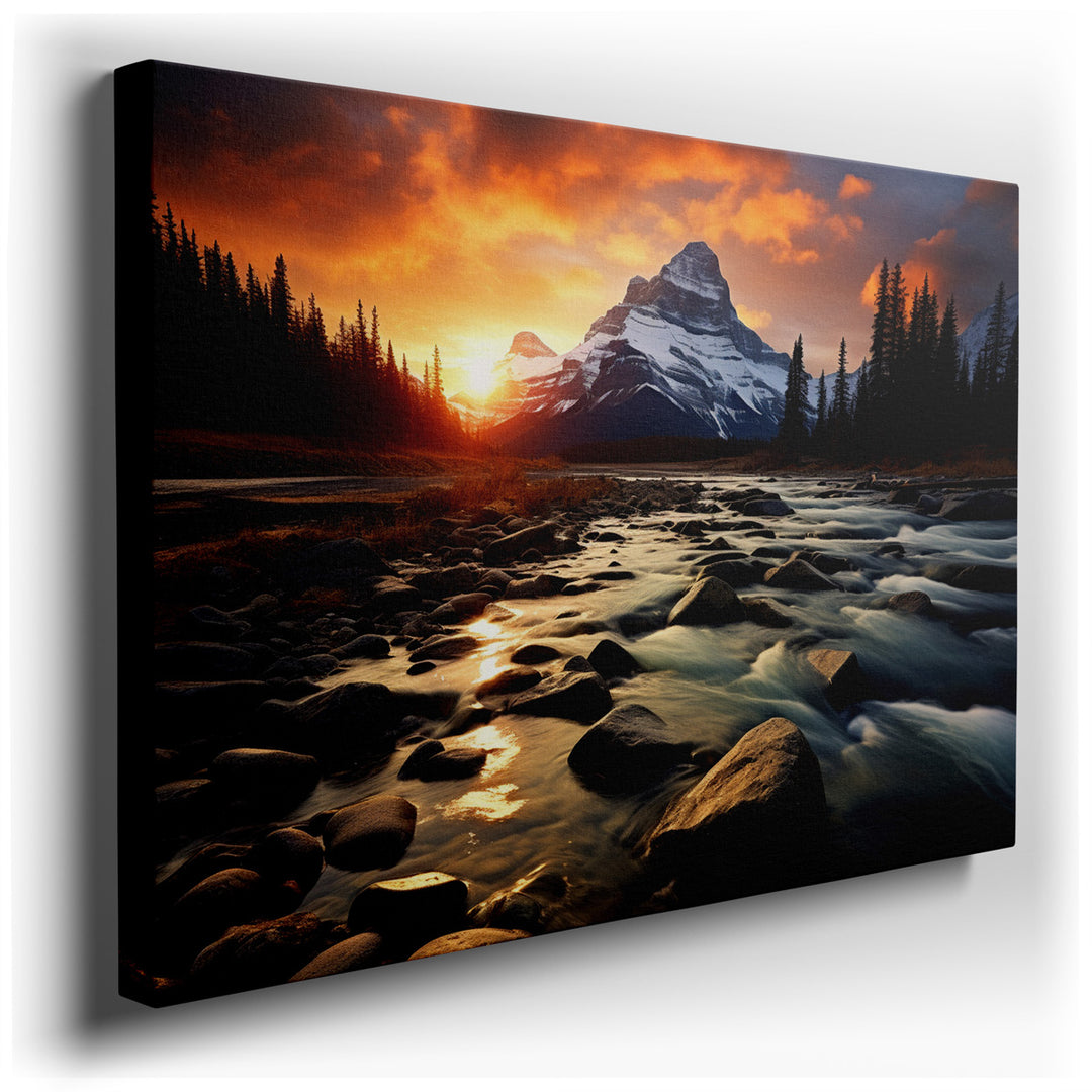 canvas print on wrapped canvas for wall decor – This wall art captures the awe-inspiring essence of a sunset over a majestic mountain range, a scene that vividly brings...