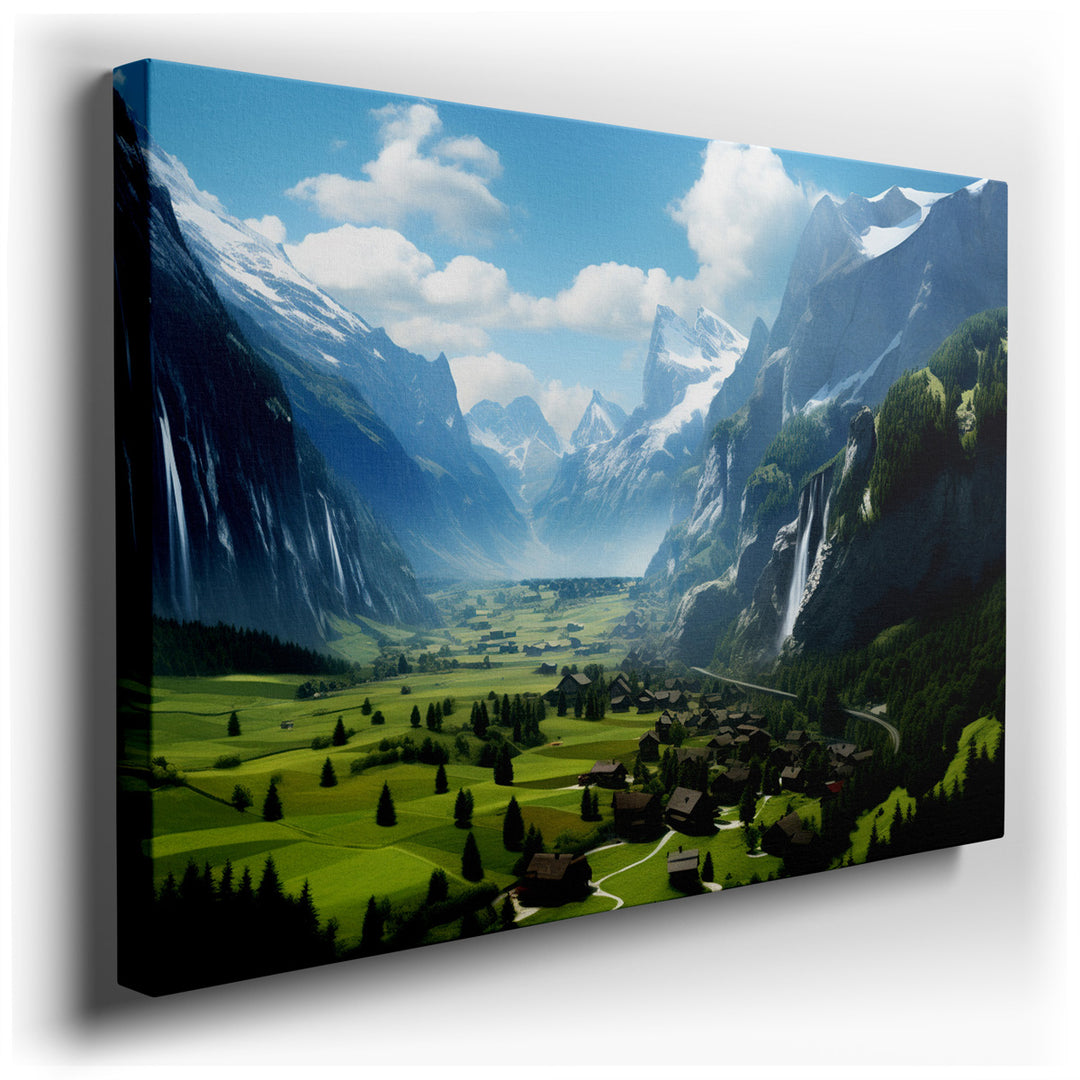 canvas print on wrapped canvas for wall decor – This exquisite wall art portrays a breathtaking valley landscape, where the grandeur of nature unfolds in a symphony of...