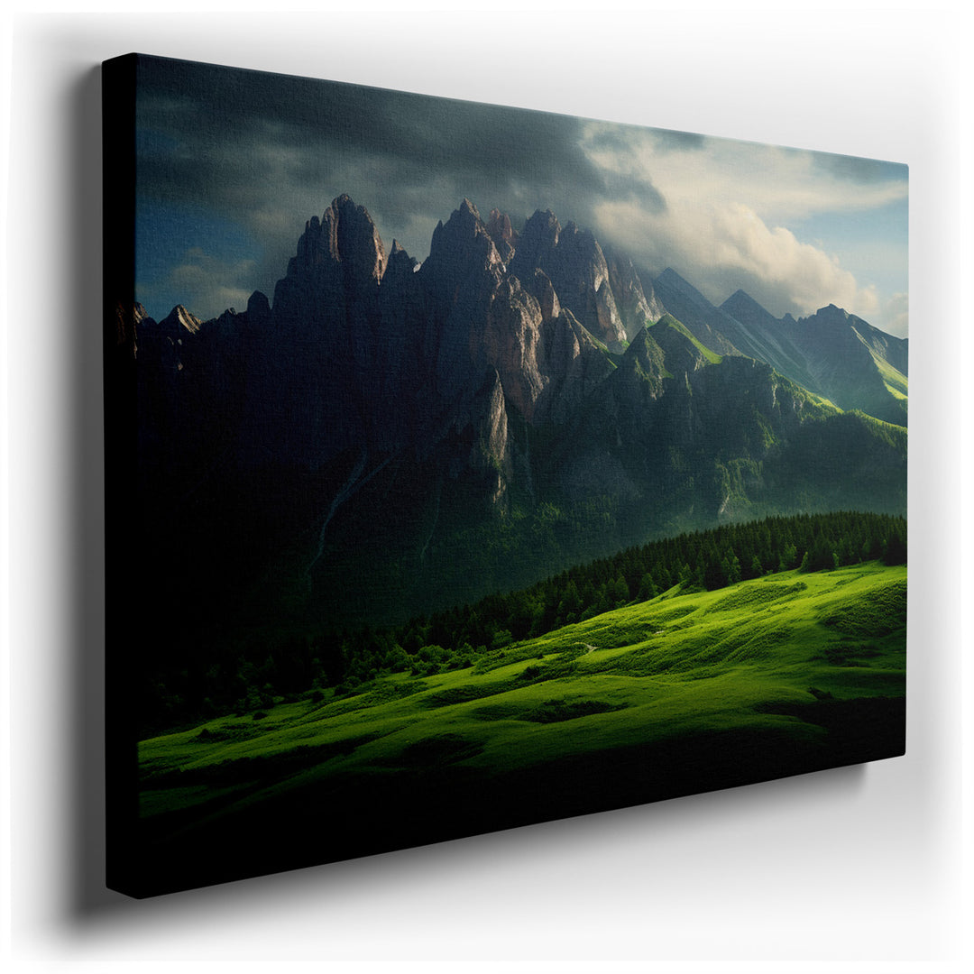 canvas print on wrapped canvas for wall decor – This wall art captures the essence of a majestic mountain range, where the peaks rise dramatically, piercing a sky heavy...