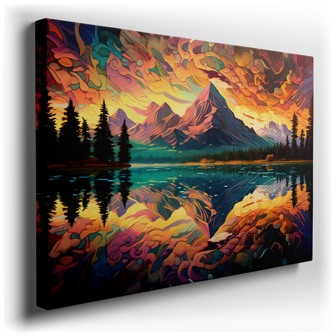 canvas print on wrapped canvas for wall decor – This wall art is a captivating artistic representation that masterfully captures the grandeur of majestic mountains unde...