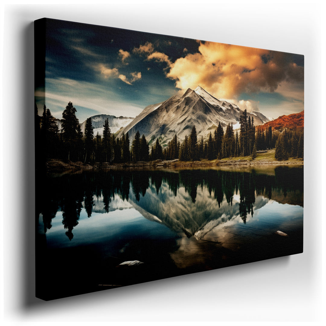 canvas print on wrapped canvas for wall decor – This exquisite wall art presents a landscape that is both majestic and serene, capturing the grandeur of a towering moun...