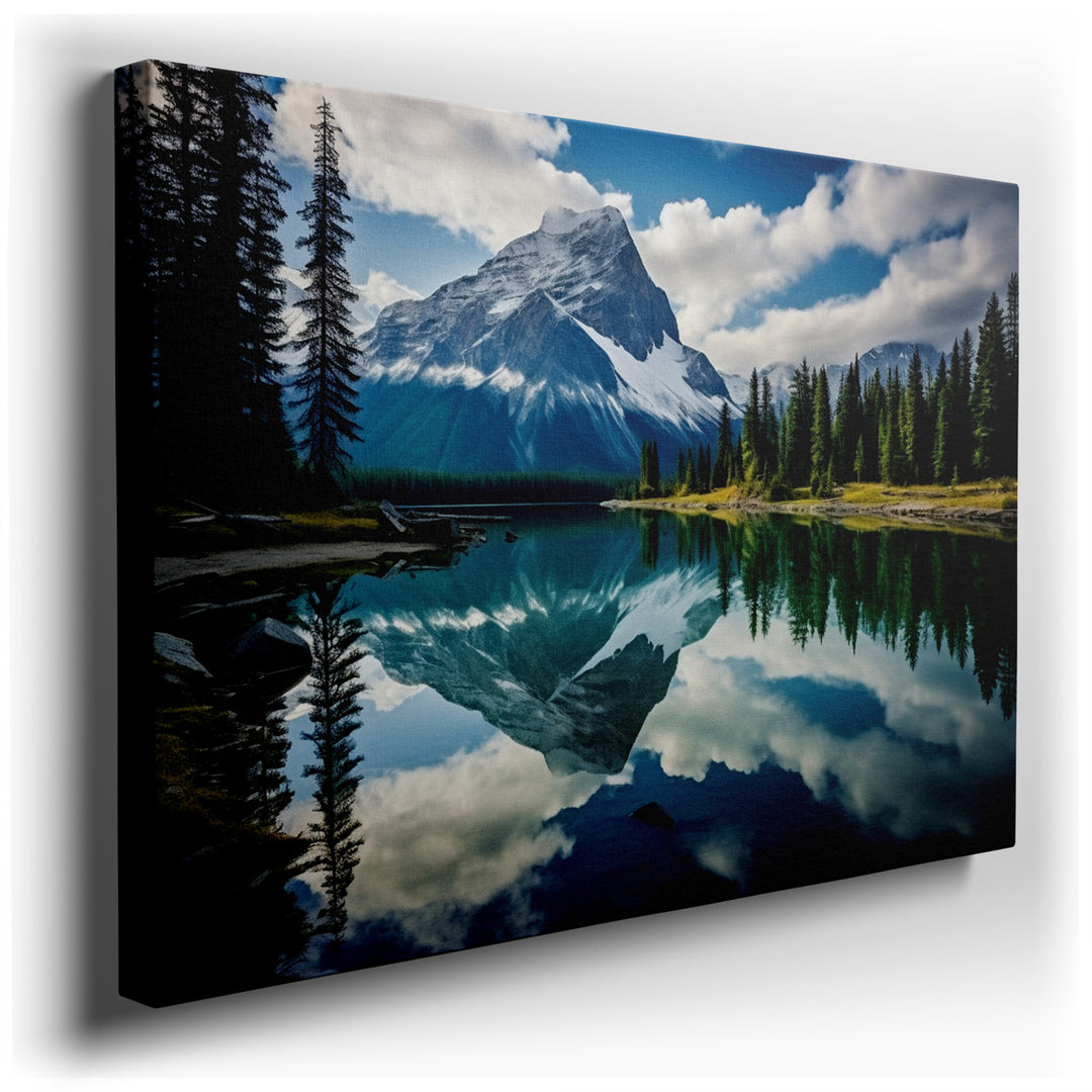 canvas print on wrapped canvas for wall decor – This wall art, a breathtaking depiction of nature's splendor, portrays a majestic mountain range soaring into a sky awas...