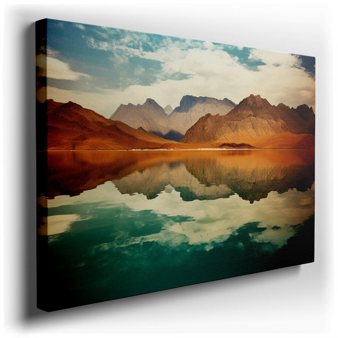 canvas print on wrapped canvas for wall decor – This exquisite wall art portrays a breathtaking landscape where the majesty of towering mountains is mirrored flawlessly...