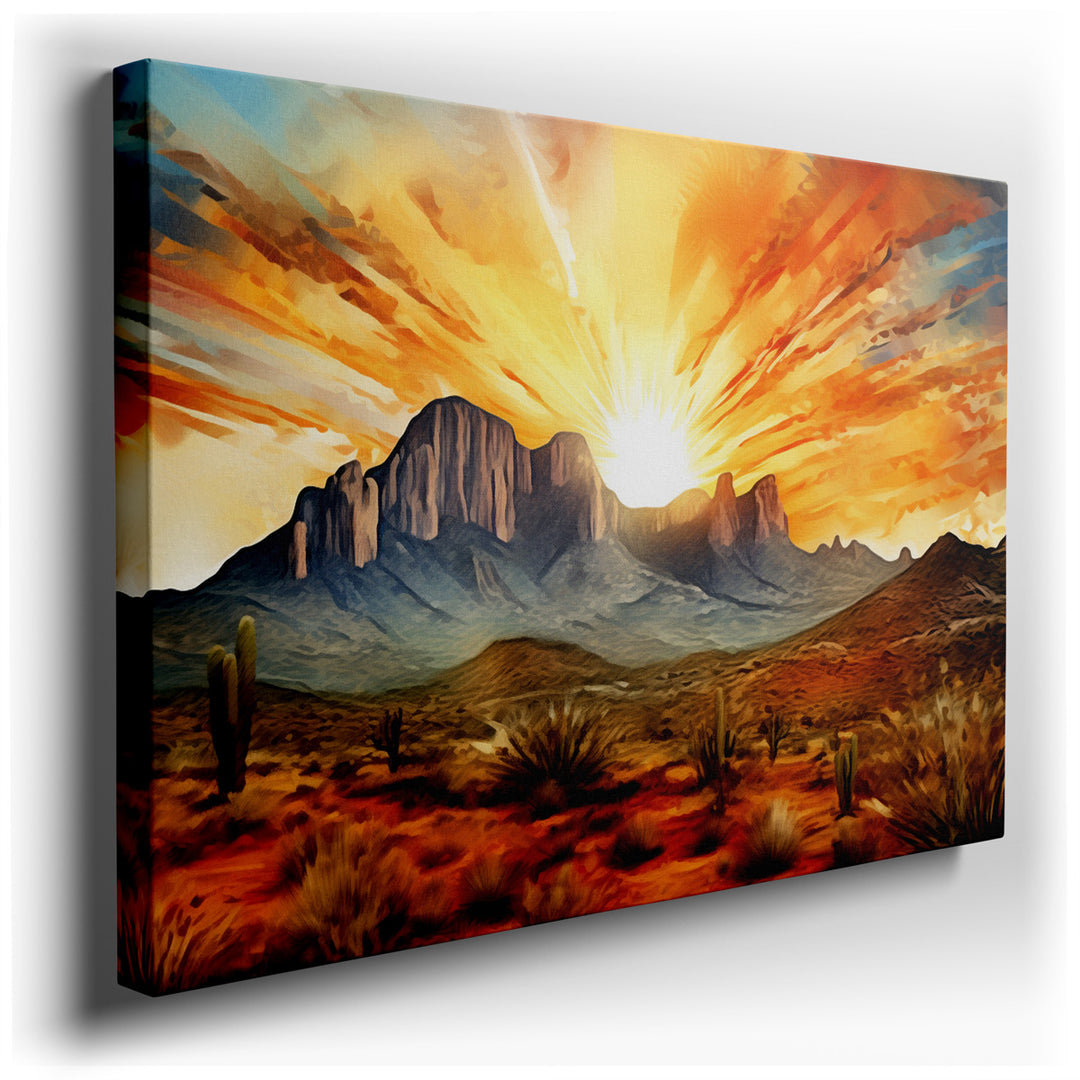 canvas print on wrapped canvas for wall decor – This exquisite wall art portrays a majestic mountain range, its peaks boldly silhouetted against a sky ablaze with the v...