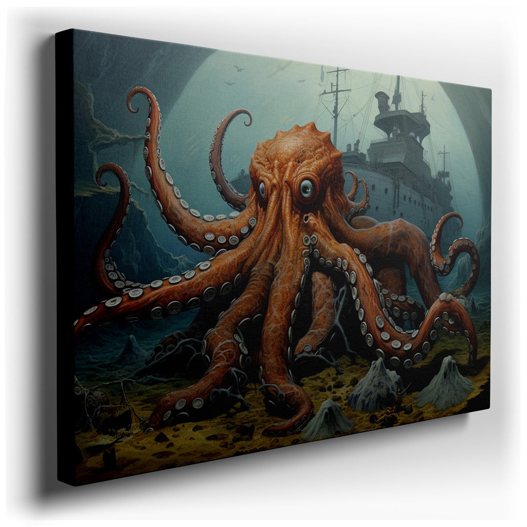 canvas print on wrapped canvas for wall decor – This wall art, a mesmerizing portrayal of an underwater scene, features a majestic octopus gracefully entwined among the...