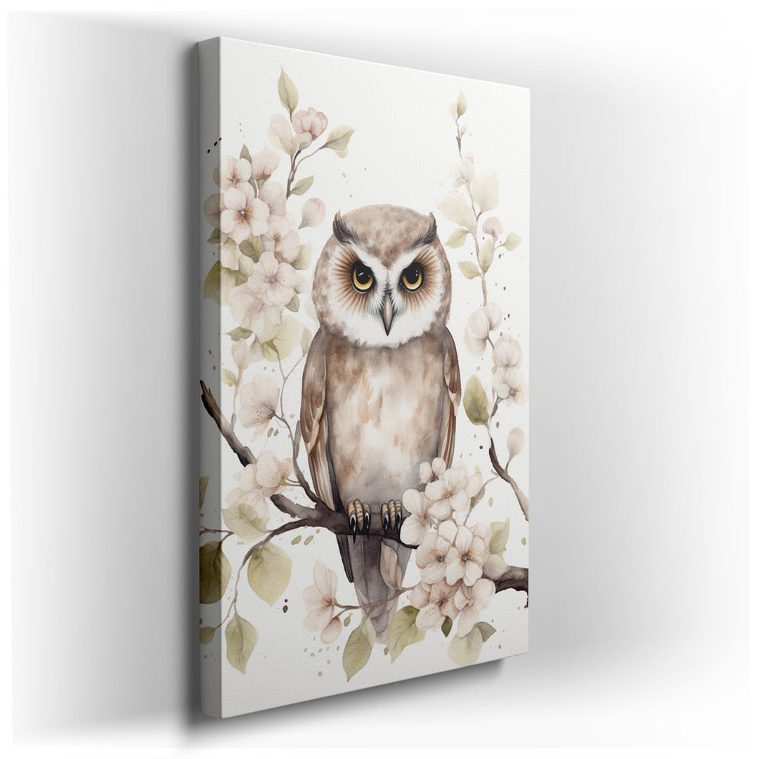 canvas print on wrapped canvas for wall decor – This exquisite wall art captures the serene beauty of a barn owl perched amid a cascade of cherry blossoms, rendered in...