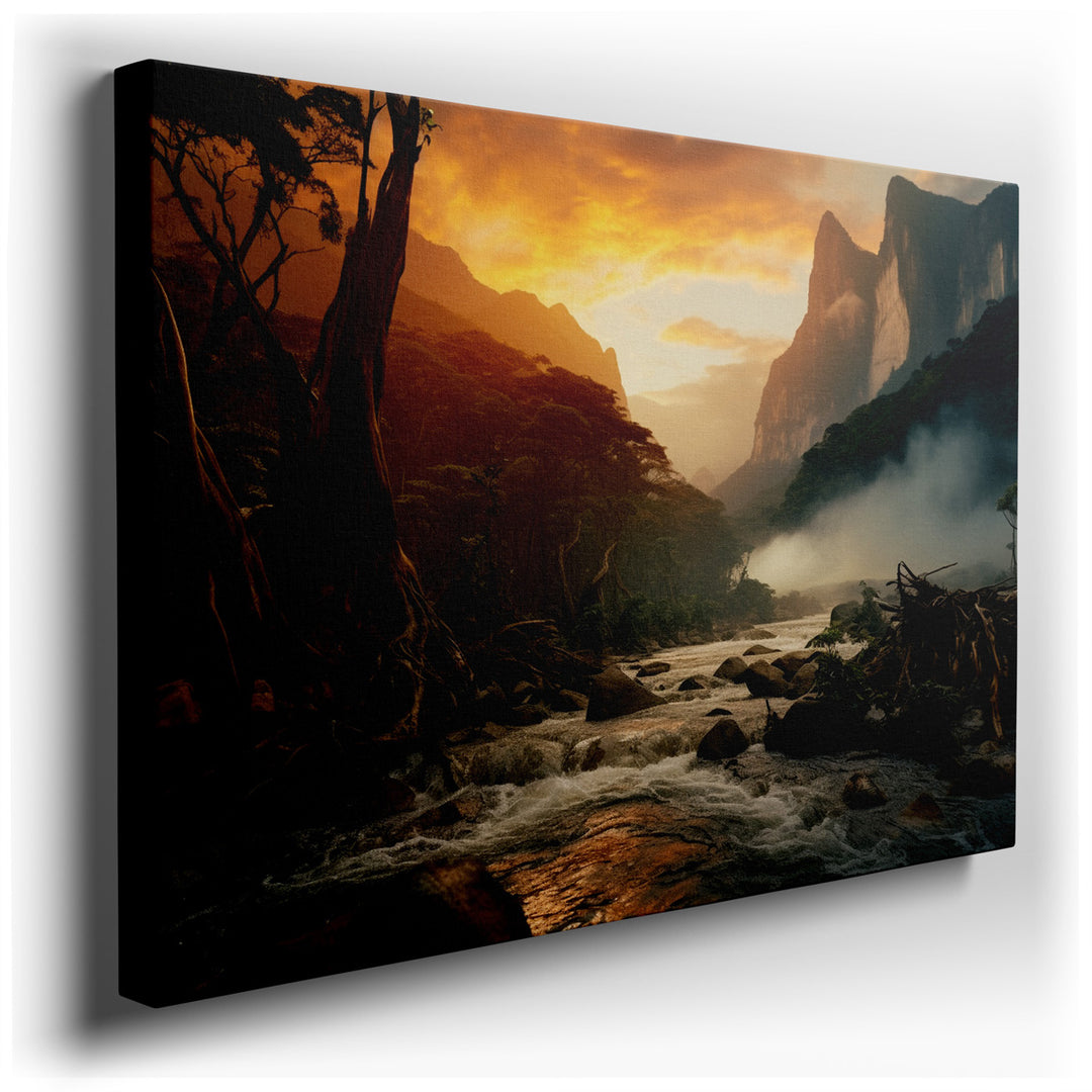canvas print on wrapped canvas for wall decor – This wall art captures a breathtaking mountainous landscape, where rugged peaks emerge majestically from a blanket of mi...