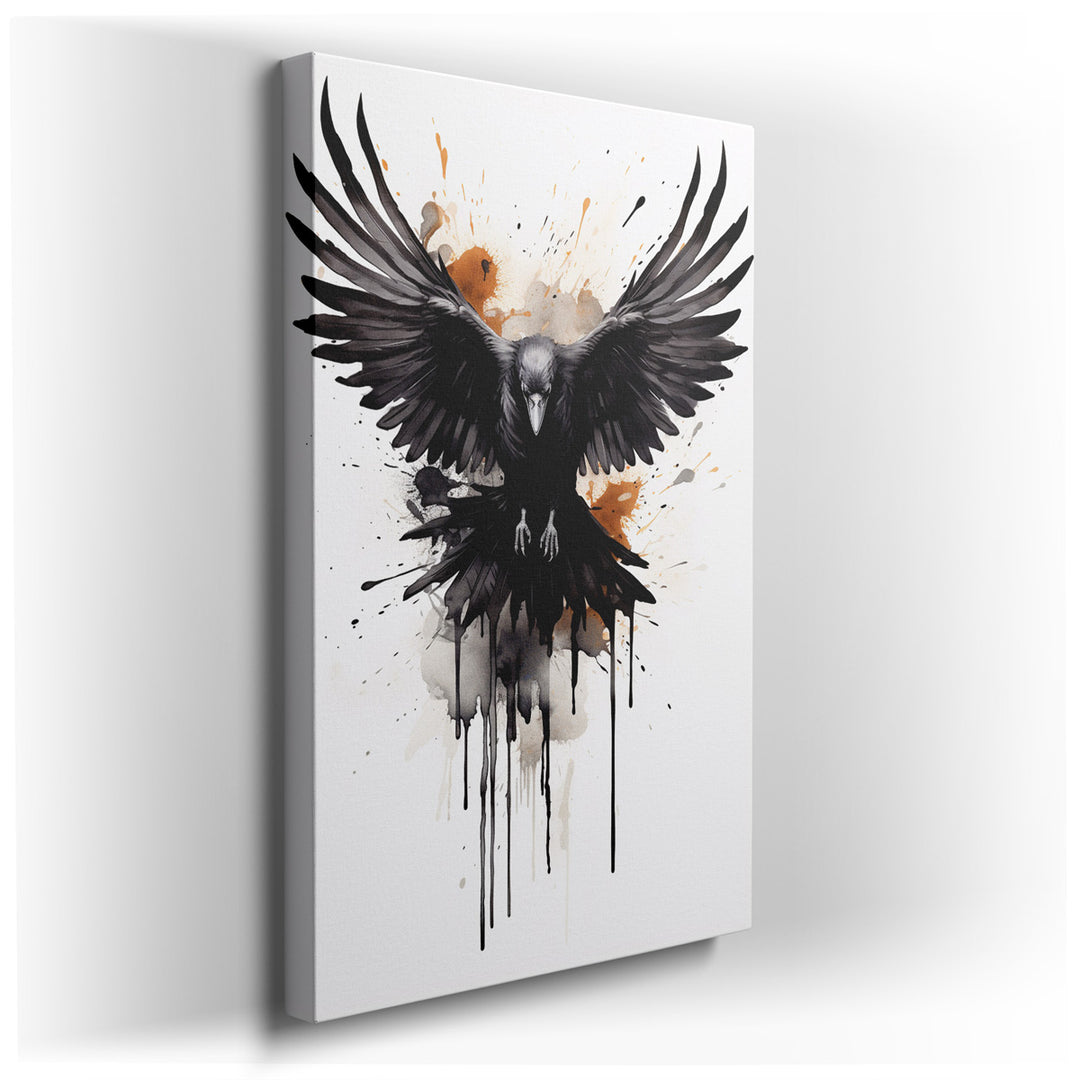 canvas print on wrapped canvas for wall decor – The wall art captures the majestic essence of a raven in flight, its wings outstretched wide and commanding, a symbol of...