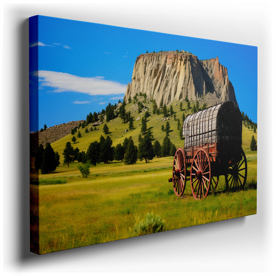 canvas print on wrapped canvas for wall decor – This wall art, a captivating portrayal of a scenic wagon poised at the base of a majestic rock formation, is a masterpie...