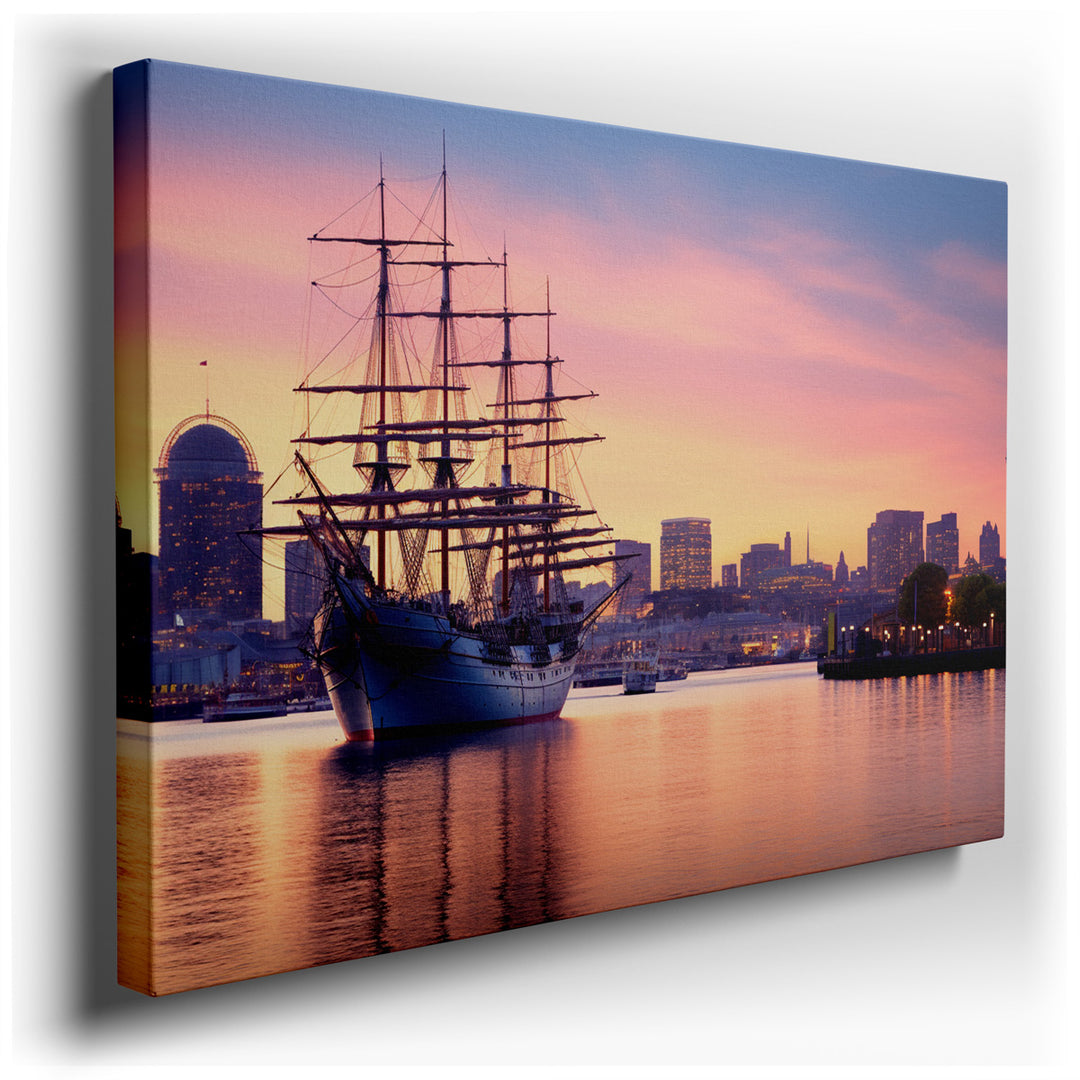 canvas print on wrapped canvas for wall decor – This wall art captures a scene of serene beauty and evocative allure, depicting a majestic sailing ship moored gracefull...