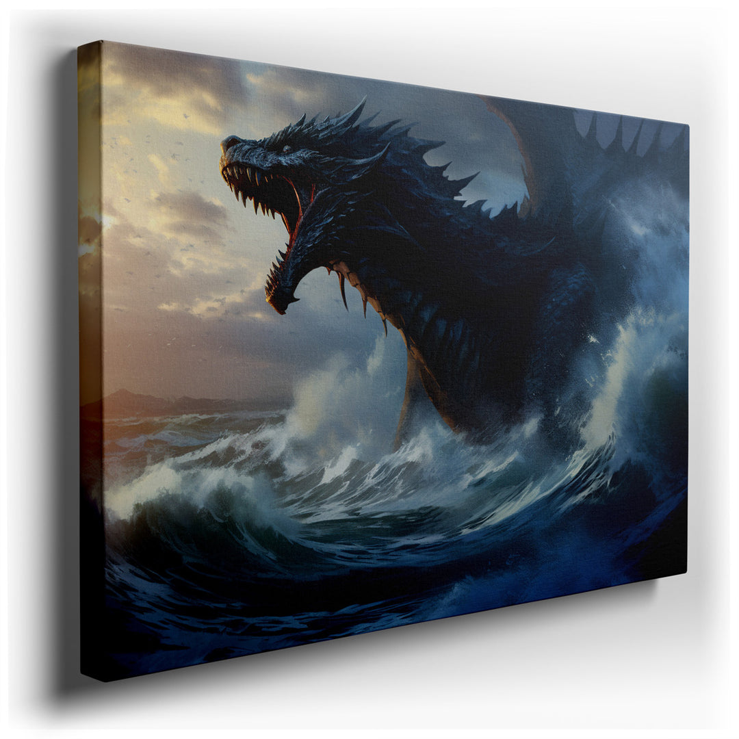 canvas print on wrapped canvas for wall decor – This wall art, a masterful depiction of nature's untamed force and mythical allure, portrays a colossal sea monster risi...
