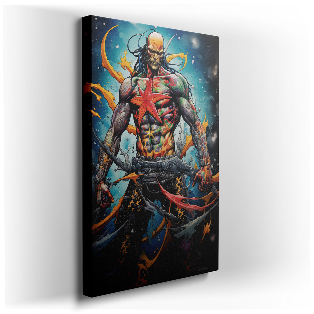 canvas print on wrapped canvas for wall decor – This wall art portrays a muscular sea warrior, a figure of immense strength and mystique, submerged in the depths of an...