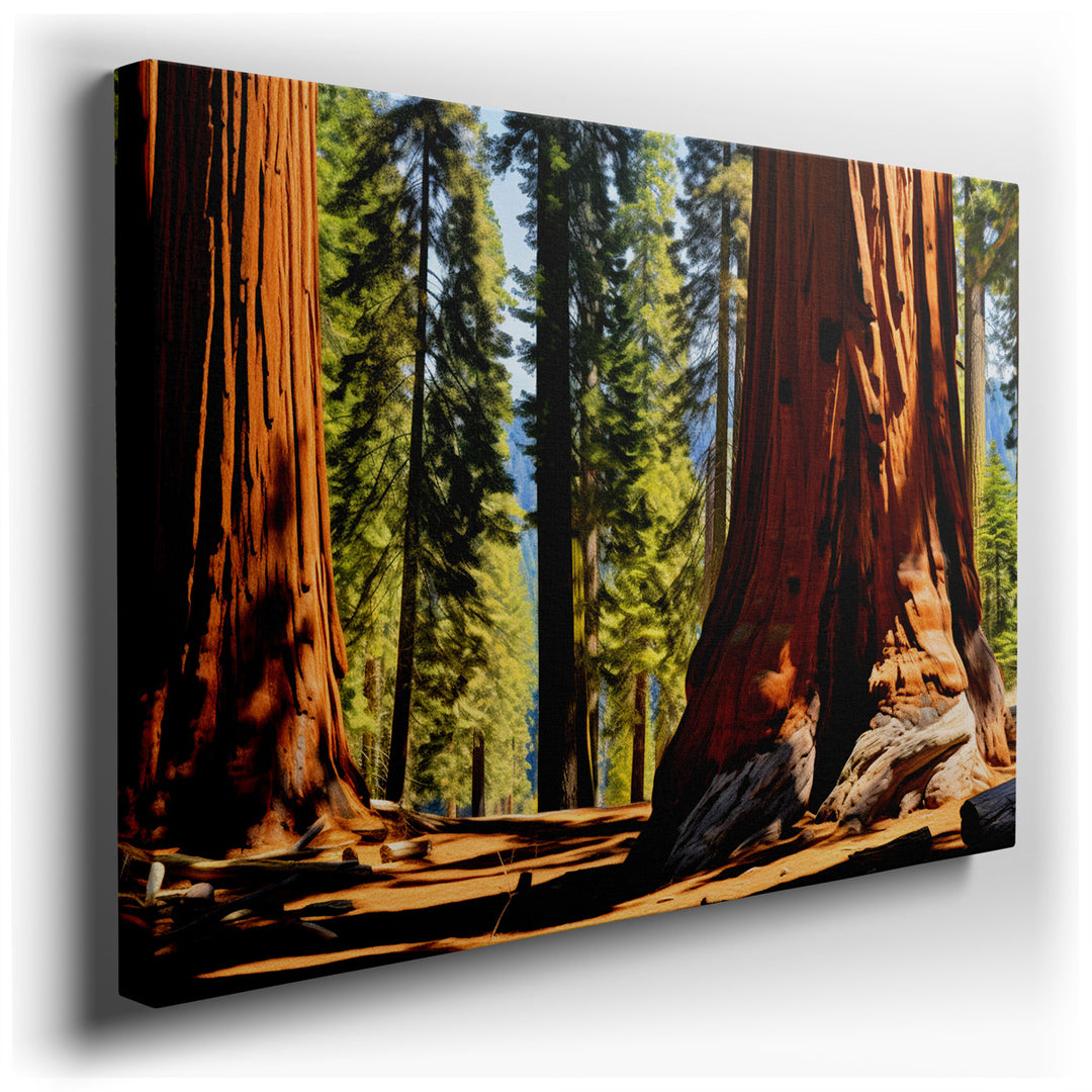 canvas print on wrapped canvas for wall decor – This captivating wall art portrays a serene and majestic scene of towering sequoia trees, nestled in a verdant forest th...