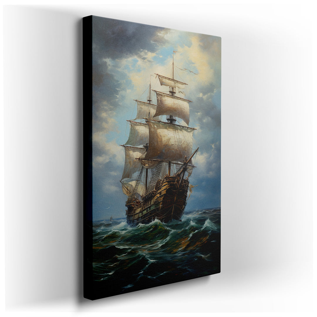 canvas print on wrapped canvas for wall decor – This wall art captures a breathtaking scene of a majestic ship as it valiantly confronts the formidable forces of nature...