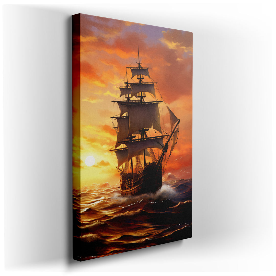 canvas print on wrapped canvas for wall decor – This wall art captures a majestic ship as it gracefully sails through a vast seascape, under the enchanting glow of a se...