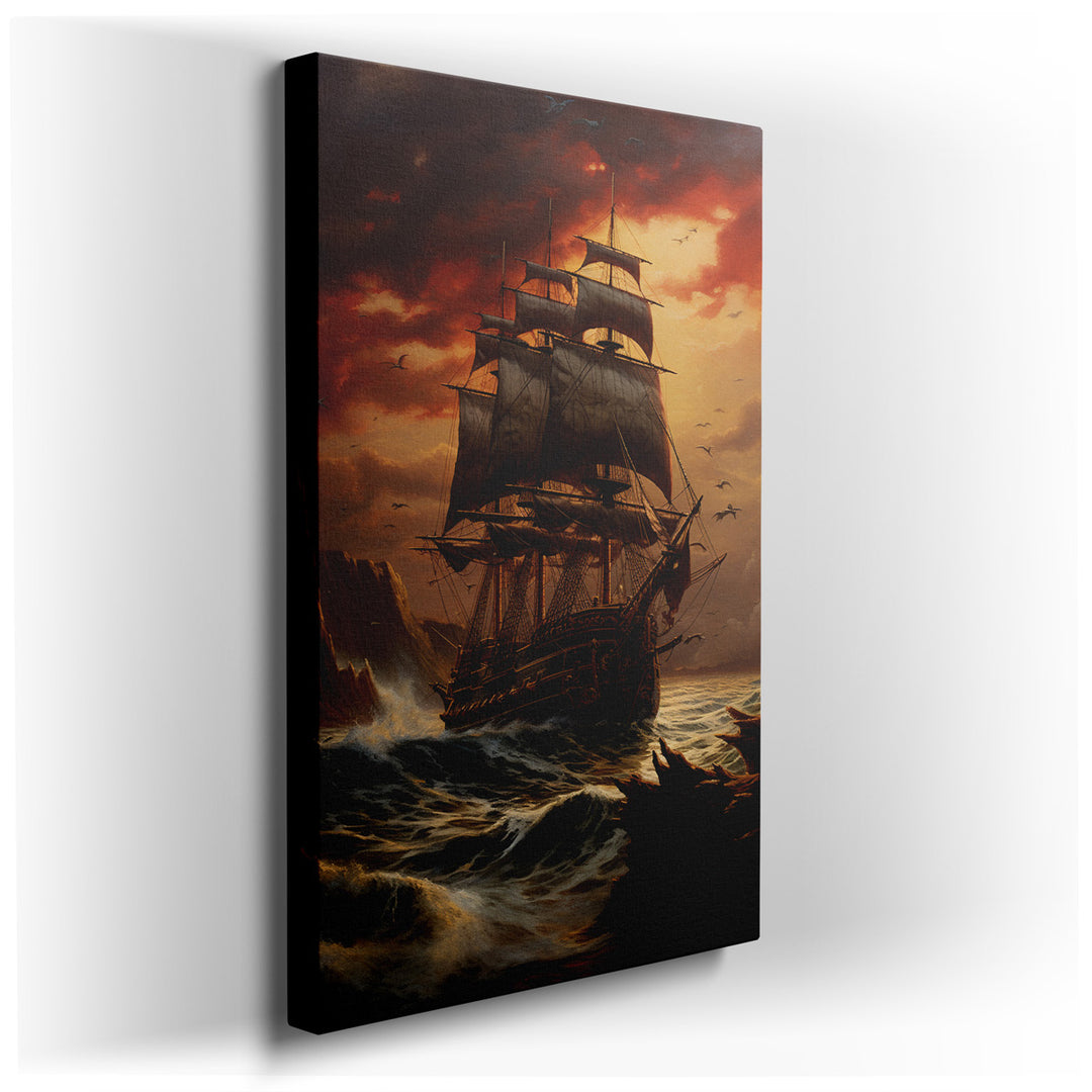 canvas print on wrapped canvas for wall decor – This wall art, a stunning portrayal of a majestic ship sailing through vibrant waves at sunset, is a masterpiece that ca...