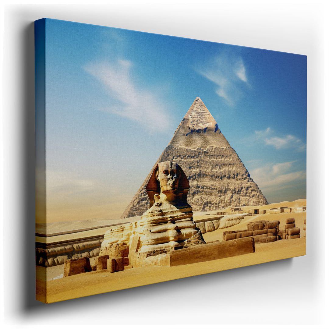 canvas print on wrapped canvas for wall decor – This wall art captures the awe-inspiring essence of Egypt's ancient wonders, featuring the majestic Great Sphinx and a t...