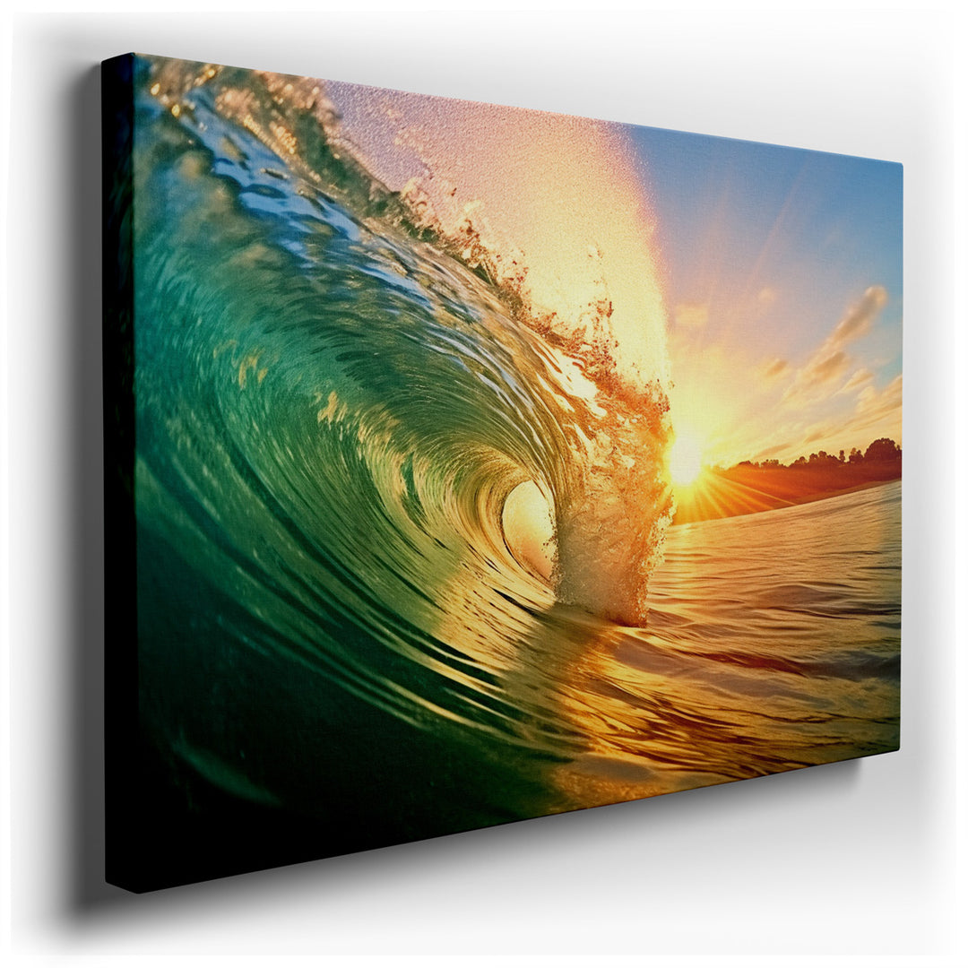 canvas print on wrapped canvas for wall decor – This wall art, a masterful depiction of a wave at sunset, is a stunning representation of nature's dual nature: its sere...