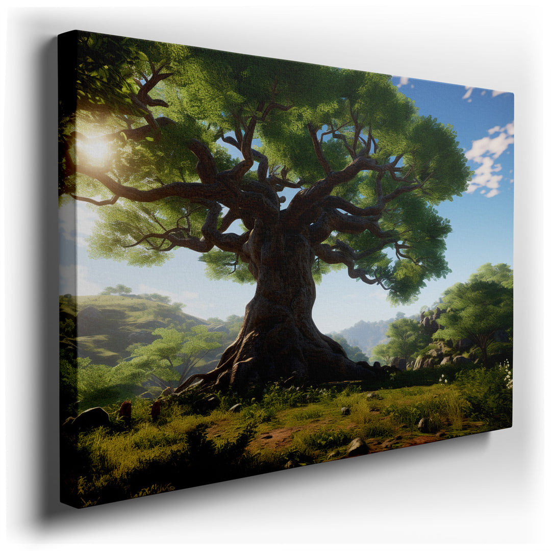 canvas print on wrapped canvas for wall decor – This captivating wall art portrays a majestic tree standing proudly at the center of a lush landscape, its branches spra...