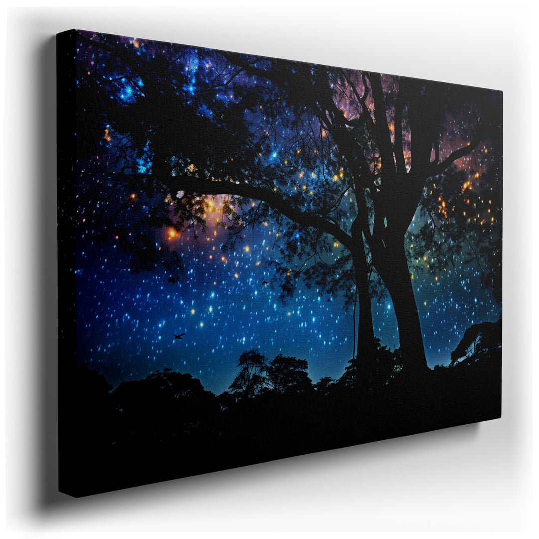 canvas print on wrapped canvas for wall decor – Imagine a wall art that captures the essence of a mystical night under the stars, where the grandeur of the universe mee...
