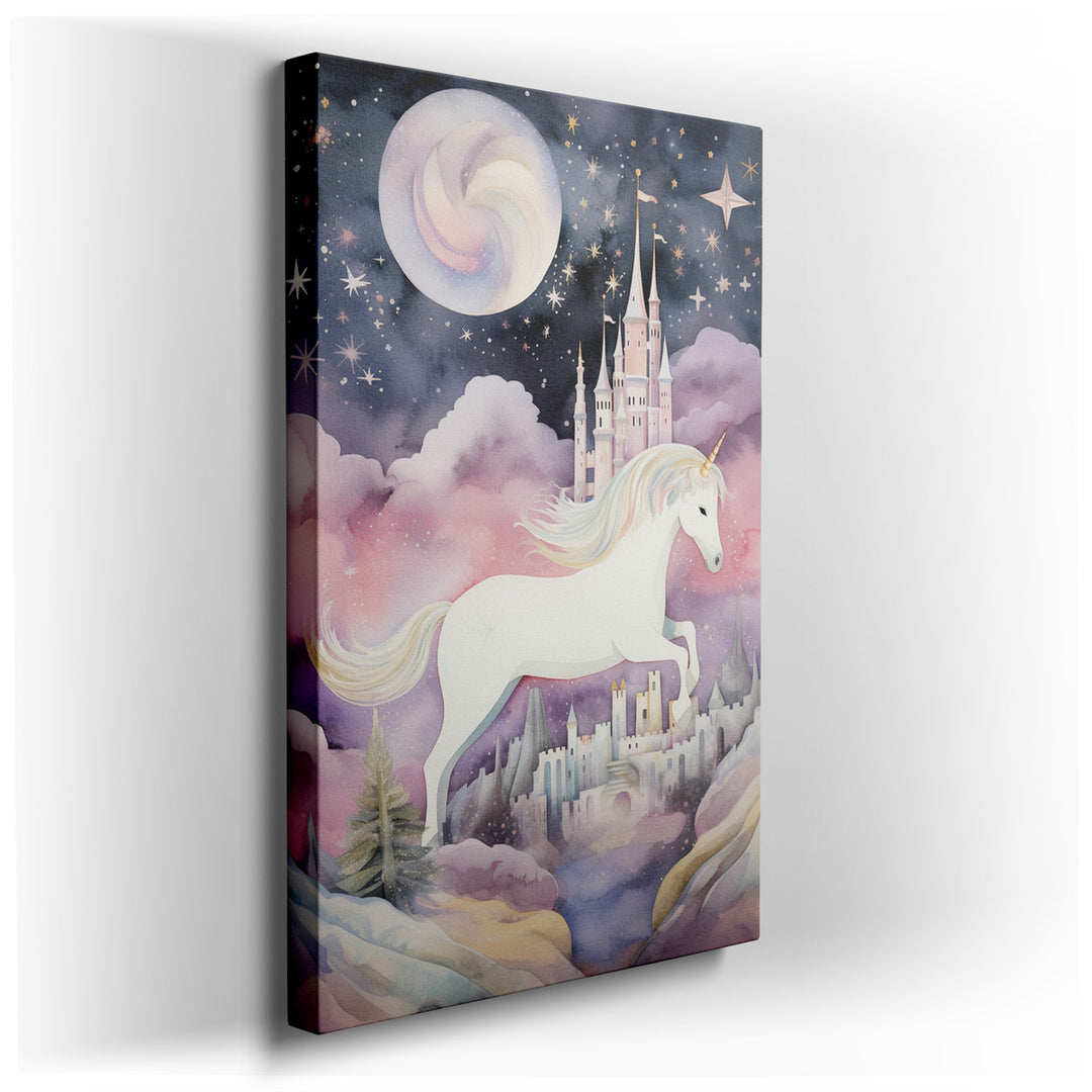canvas print on wrapped canvas for wall decor – This captivating wall art, a true masterpiece of fantasy art, portrays a majestic unicorn in mid-leap, its mane flowing...