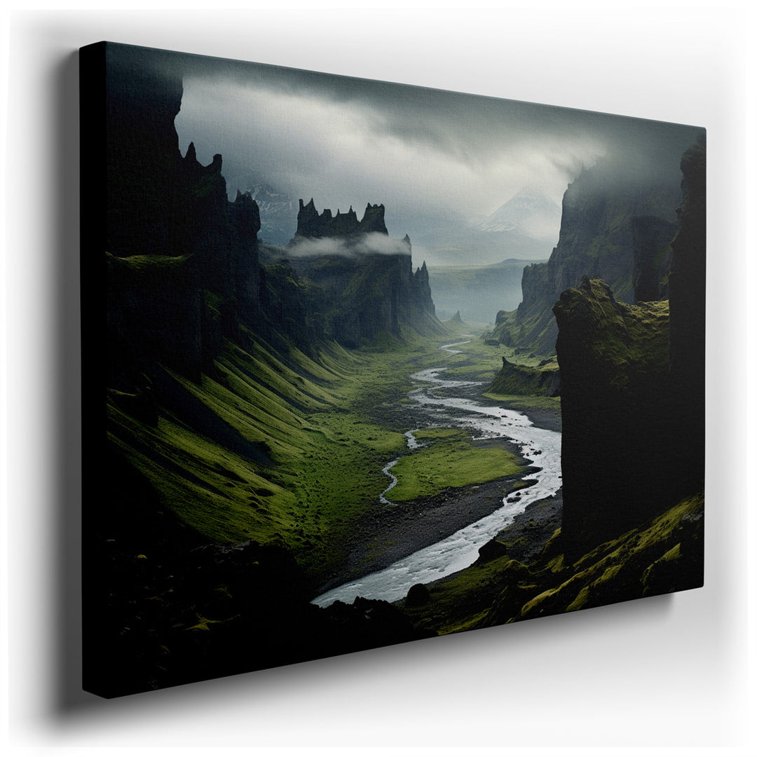 canvas print on wrapped canvas for wall decor – This wall art captures a breathtaking valley scene, where a river gracefully meanders through a dramatic and rugged land...