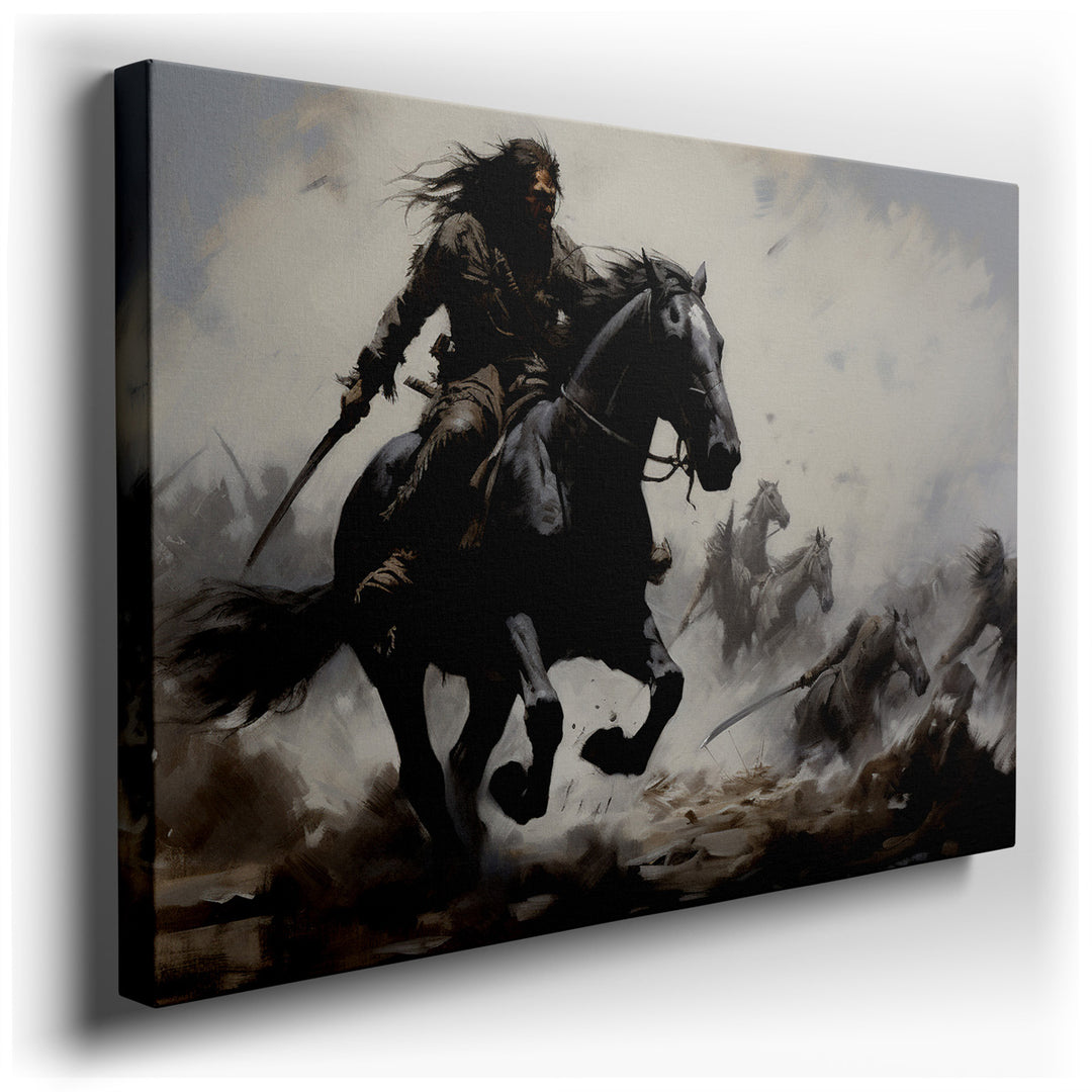 canvas print on wrapped canvas for wall decor – The wall art you describe is a vivid and powerful depiction of a fierce warrior mounted on a black steed, charging throu...