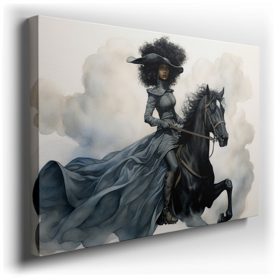 canvas print on wrapped canvas for wall decor – In the realm of visual artistry, the wall art of the warrior woman on a black horse stands as a captivating masterpiece,...
