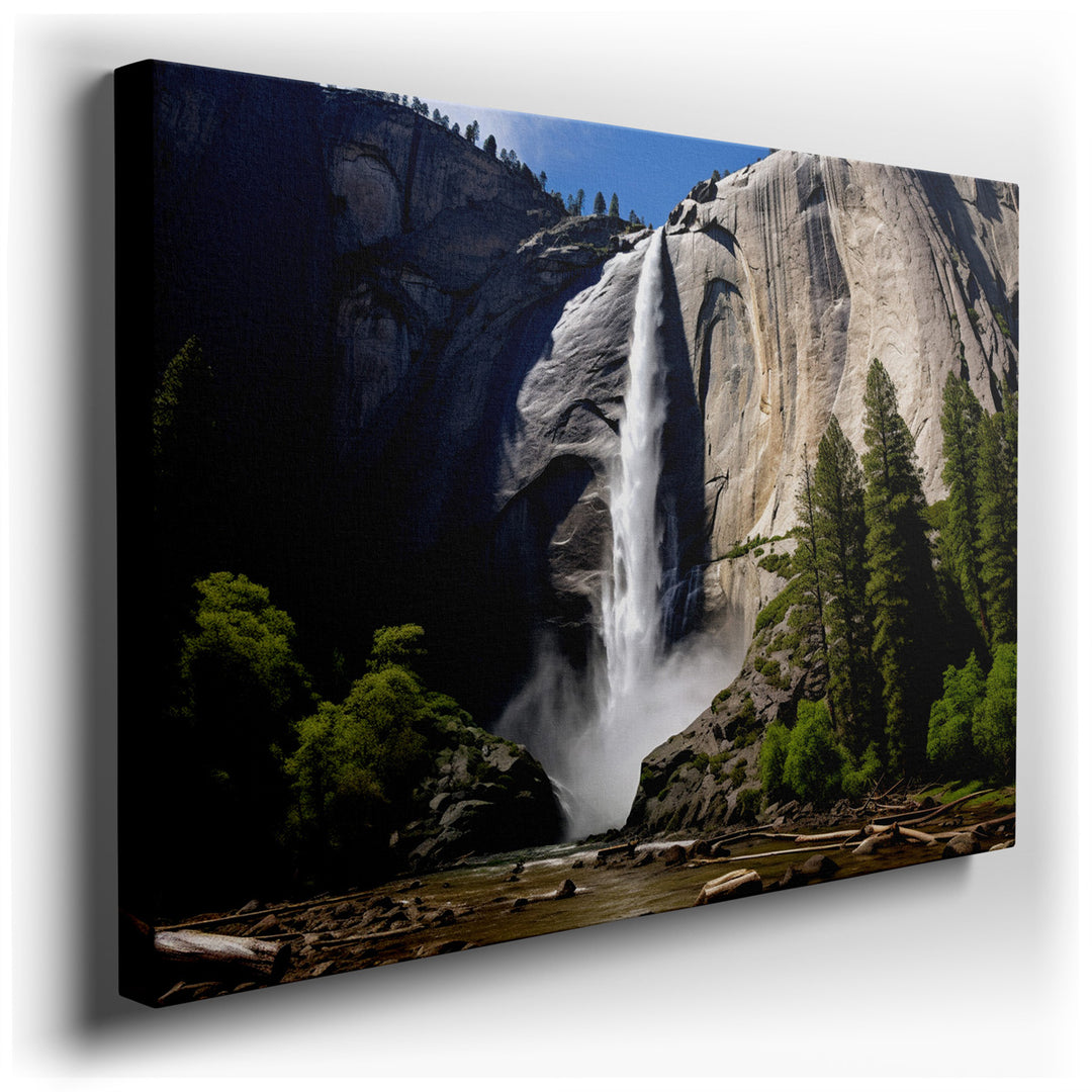 canvas print on wrapped canvas for wall decor – This wall art, a masterful depiction of nature's grandeur, portrays a magnificent waterfall cascading with immense force...