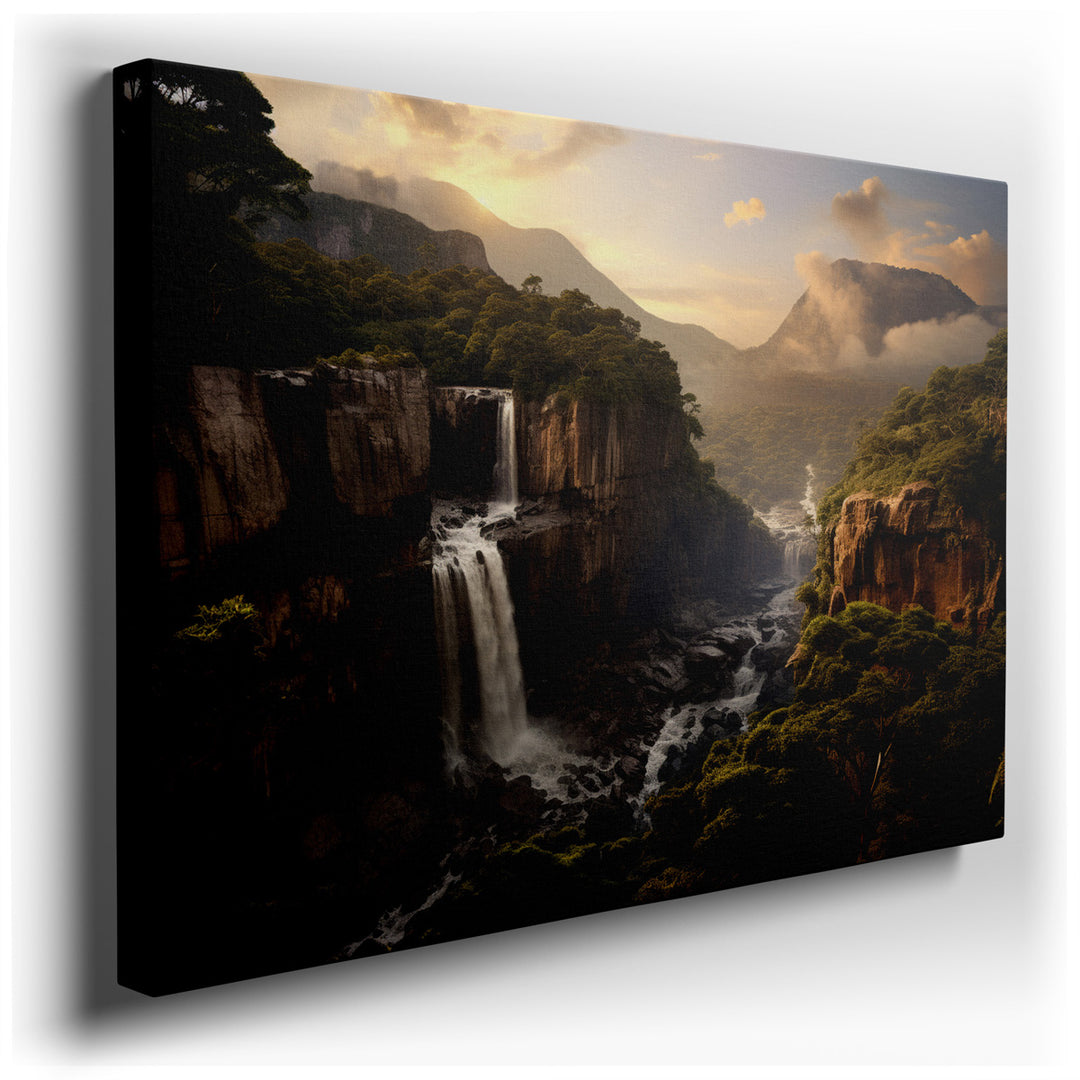 canvas print on wrapped canvas for wall decor – This wall art captures a truly majestic waterfall, gracefully tumbling down a series of rugged cliffs into a serene pool...