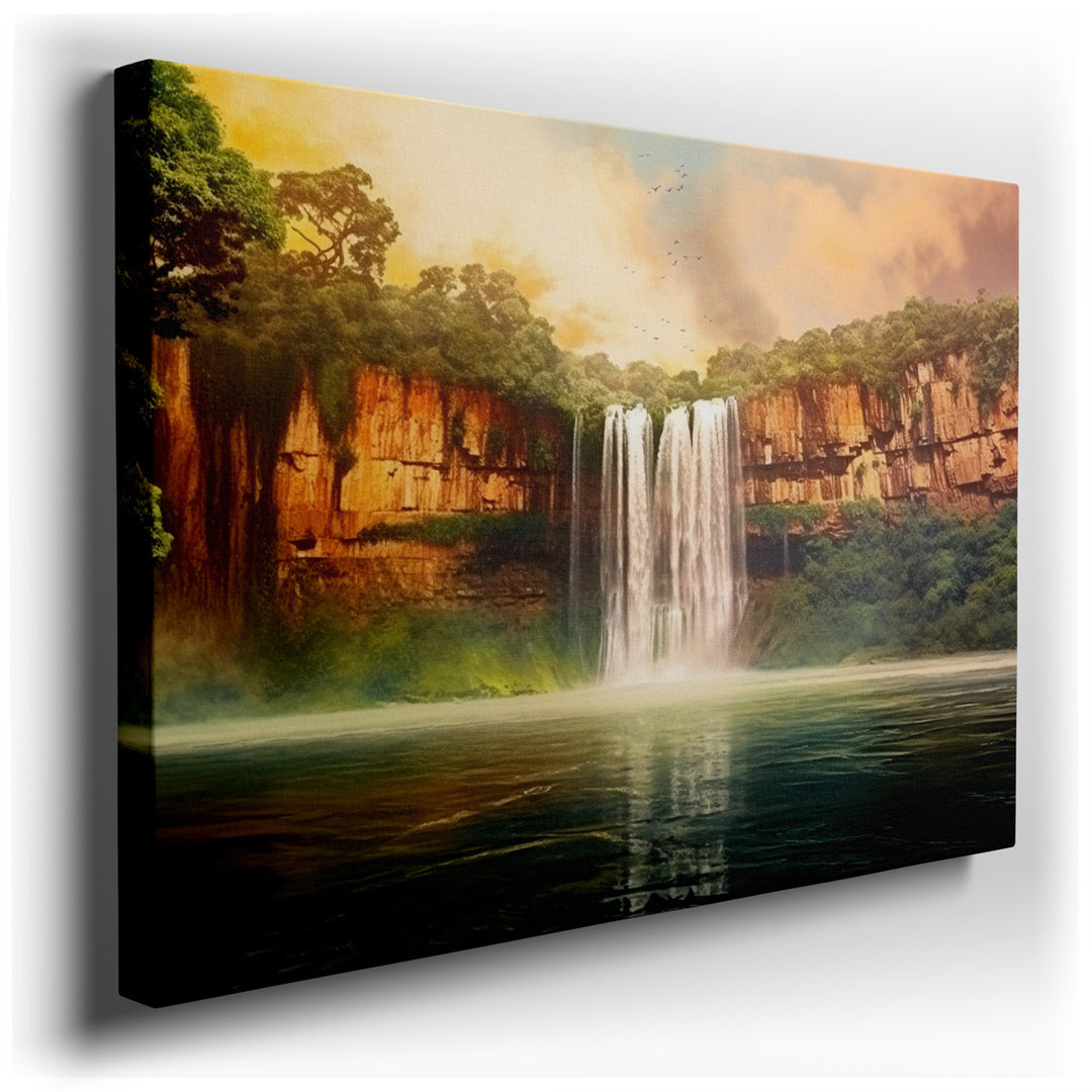 canvas print on wrapped canvas for wall decor – This exquisite wall art portrays a mesmerizing waterfall, gracefully tumbling over a rugged cliff into a serene pool bel...