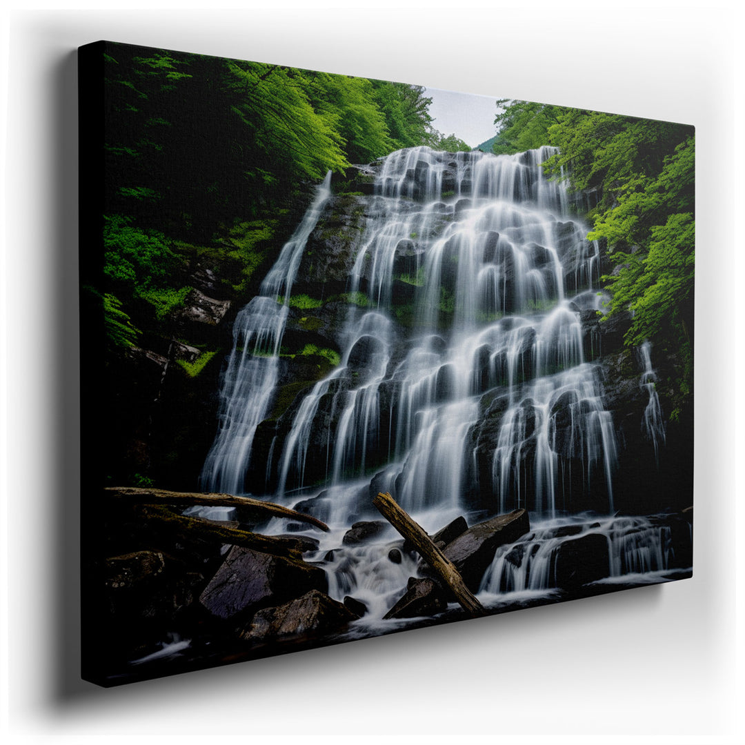 canvas print on wrapped canvas for wall decor – This enchanting wall art captures the essence of a majestic waterfall, gracefully tumbling down a series of rugged cliff...