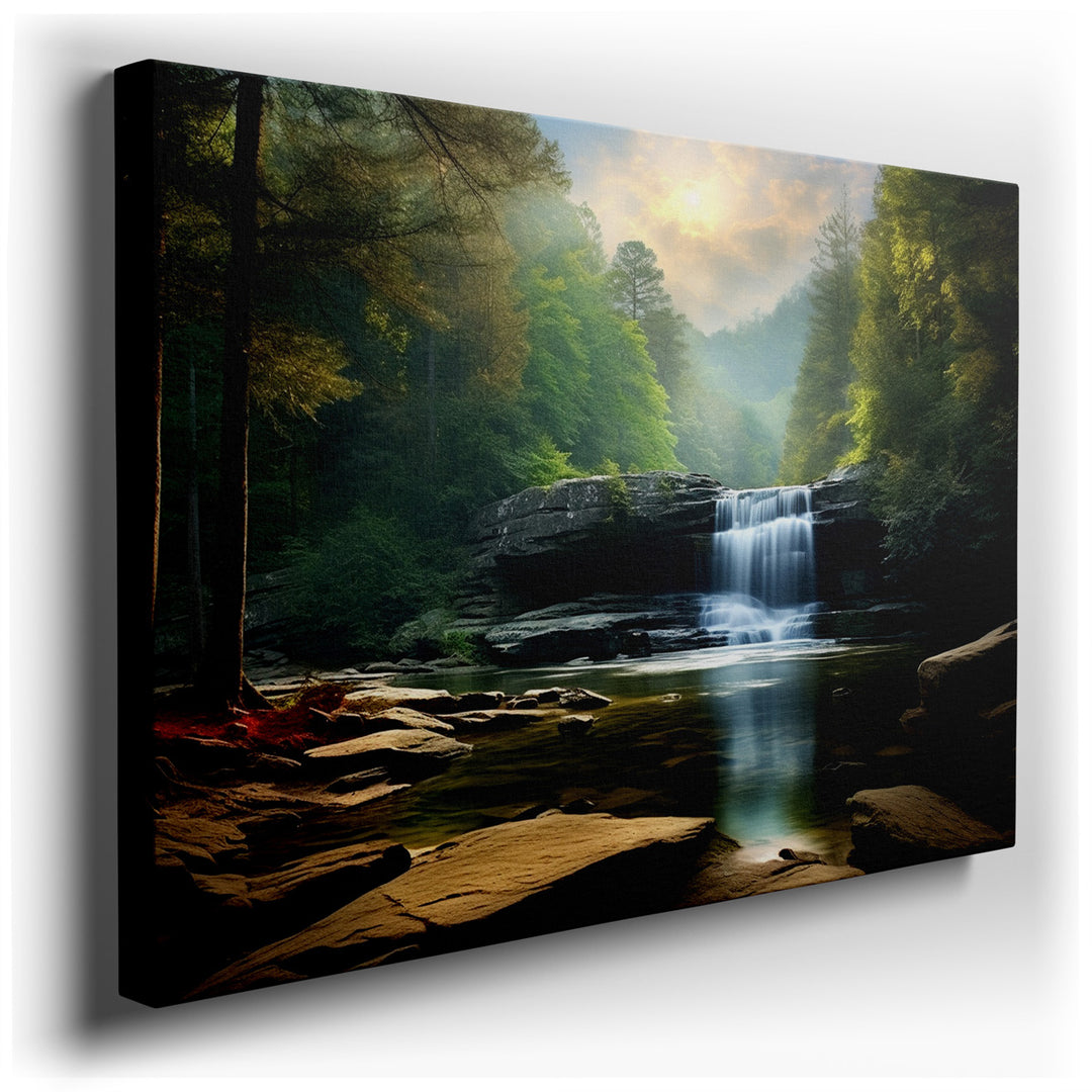 canvas print on wrapped canvas for wall decor – This exquisite wall art masterfully portrays a serene landscape, where a majestic waterfall gracefully cascades down a r...