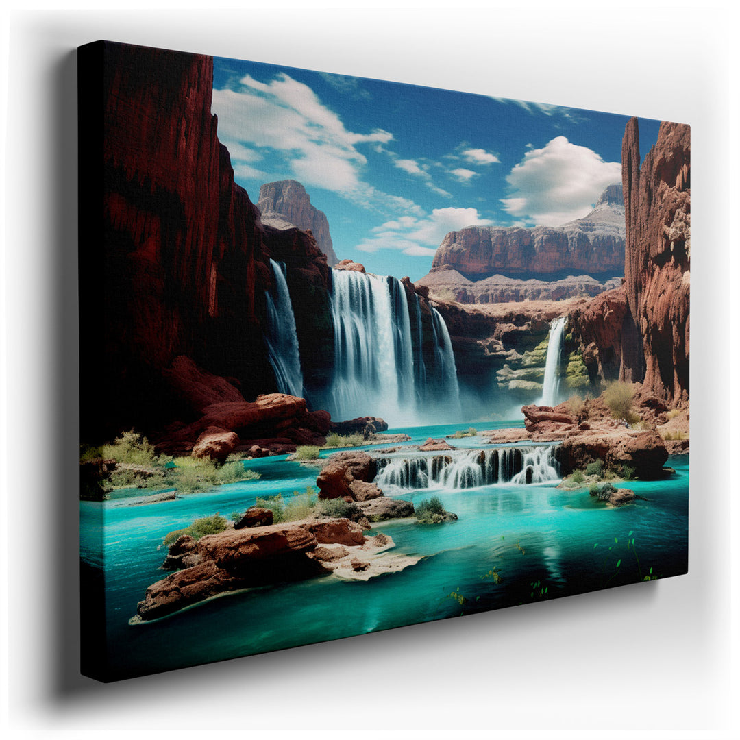 canvas print on wrapped canvas for wall decor – This wall art captures a breathtaking view of majestic waterfalls cascading down rugged cliffs into a vibrant turquoise...