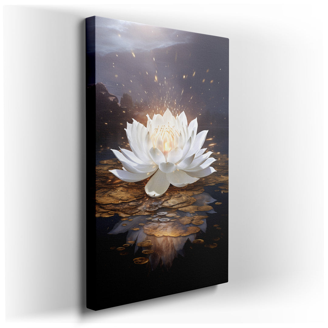 canvas print on wrapped canvas for wall decor – This wall art captures the serene beauty of a majestic white lotus flower, exquisitely illuminated by a radiant burst of...