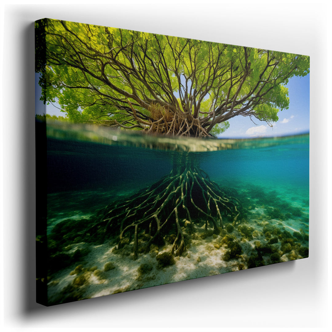 canvas print on wrapped canvas for wall decor – This wall art offers a breathtaking underwater view of mangrove trees, a scene that captures both the beauty and the eco...