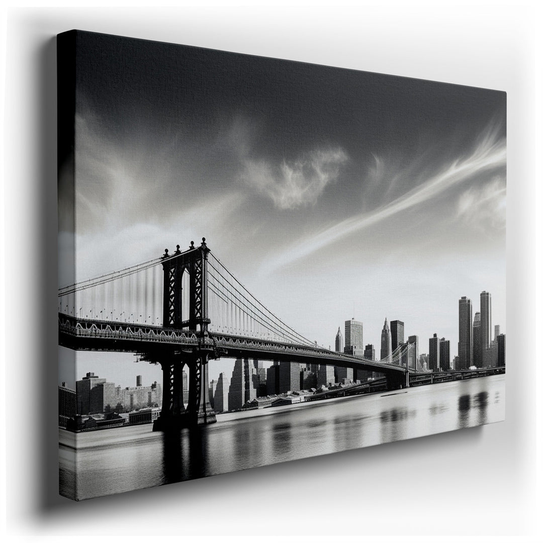 canvas print on wrapped canvas for wall decor – This wall art, a striking black and white portrayal of the Manhattan Bridge with the New York skyline in the distance, i...