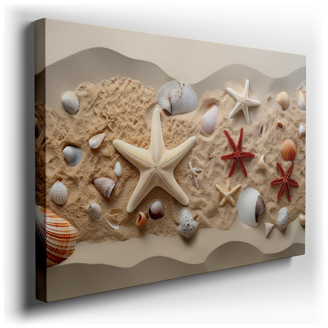canvas print on wrapped canvas for wall decor – This wall art, a captivating portrayal of marine life, features an enchanting arrangement of vibrant shells and starfish...