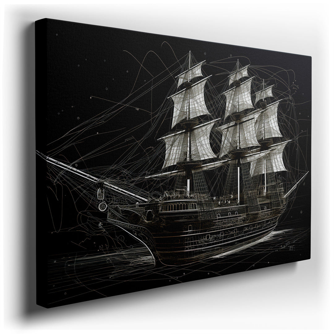 canvas print on wrapped canvas for wall decor – This captivating wall art, a masterful wireframe representation of a ship, is a true testament to the elegance and compl...