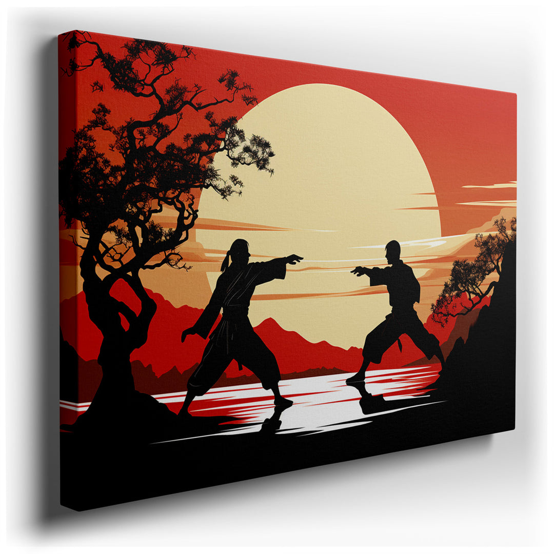 canvas print on wrapped canvas for wall decor – This wall art captures a moment of intense action and vivid emotion, depicting two martial artists locked in a spirited...