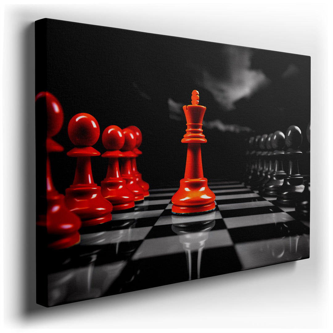 canvas print on wrapped canvas for wall decor – This wall art, a striking depiction of a chess set, is an exquisite blend of art and intellect, showcasing red and grey...
